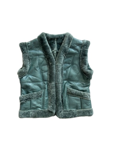 Patchwork İçi Kürk-dışı Süet Gerçek Deri Çocuk Yelek Turkuaz
