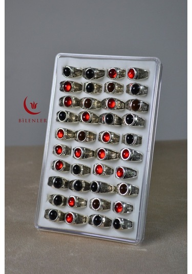 Erkek Tuğra Motifli Taşlı Metal Yüzük Uzun Ömürlü, Şık Tasarım 40 Lı Kutu Gümüş