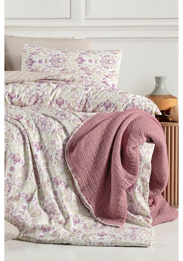 Lastikli Çarşaflı Tek Kişilik Nevresim Takımı İvy Krem Mor