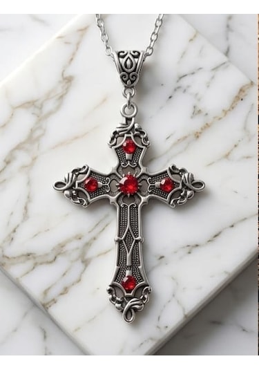 Dükkan Design Antik Rönasans Haç Kolye Gri - Kırmızı