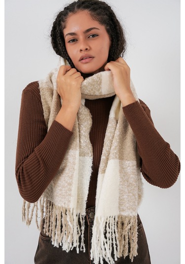 Kadın Yumuşak Dokulu Kalın Şal Atkı 15951 - Vizon Vizon