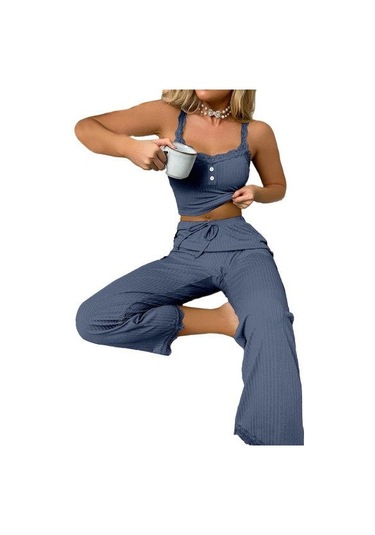 2 Adet/takım Pantolon Üst Takım Elbise Düşük Kesim V Yaka Kolsuz Düz Renk Büzgülü İpli Yüksek Elastik Bel Dantel Kadın Pijama Takımı Mor