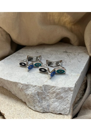 Gümüş Renkli Gözlü Yıldız Küpe