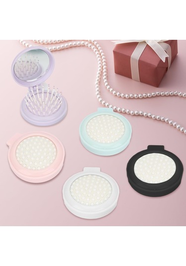 Adet Aynalı Yuvarlak Saç Fırçası, Kadınlar İçin Mor Katlanır Saç Fırçası, Aynalı Katlanır Mini Cep Saç Tarağı, Seyahat Seti Hediye Fikri