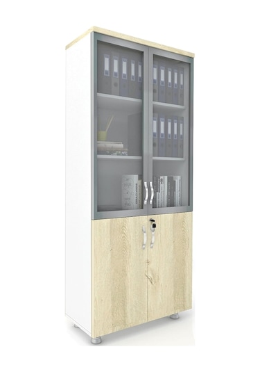 Modüler Dünyası 2 Cam Kapaklı Kilitli Dosya Dolabı 80X38X188 Beyaz - Meşe
