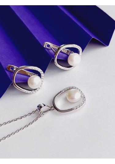 Gümüş Beyaz İnci Asimetrik Modern Tasarım Kadın Set Kolye Küpe