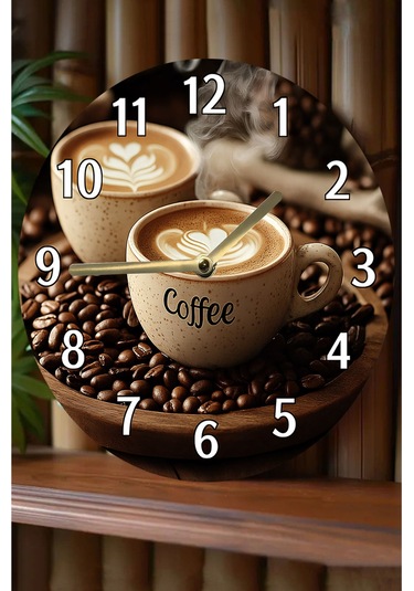 Sessiz Yuvarlak Ahşap Duvar Saati, Kuvars Coffe Desen 2d Sdw2015 Renkli