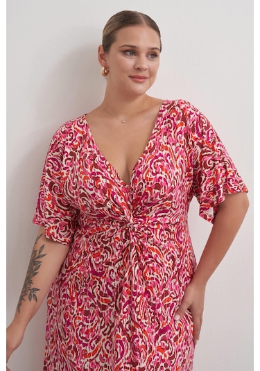 Önü Düğümlü Örme Elbise-1844 Pembe