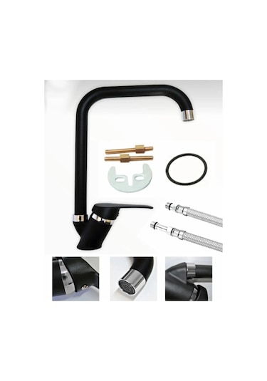 Vsa Siyah Köşe Boru Mix Mutfak Evye Bataryası 5 Yıl Garanti Musluk Siyah