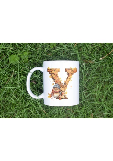 Y Harf Sonbahar Yaprak Temalı Kupa Bardak - Sevimli Figürler İle Alfabe Harfli Bardak - Kişiye Özel Beyaz