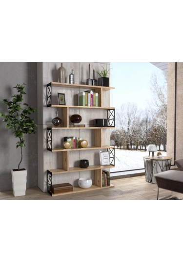 Wood'n Love Zambak 5 Raflı Altıgen Desen Kitaplık - Atlantik Çam / Siyah