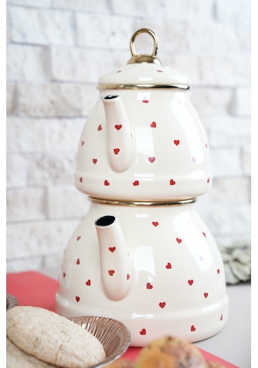 Lady Chef Kalp Desenli Emaye Çaydanlık Takımı