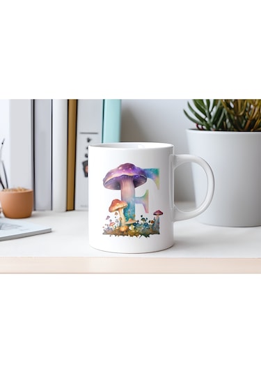 E Baş Harfi Fantastik Mantarlı Kupa Bardak - Kişiye Özel Masalsı Bardak - Hediye Beyaz