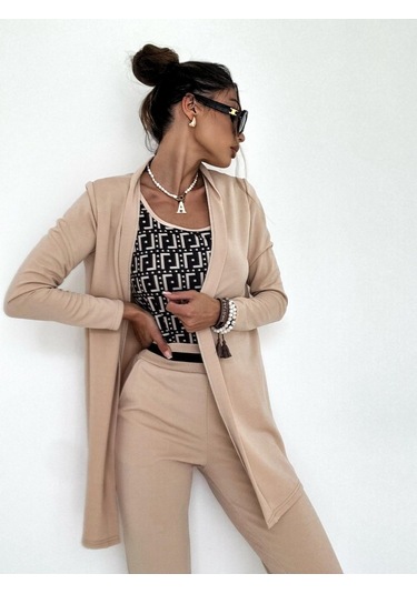 Modasize Kadın Uzun Kollu Krep Üçlü Takım Bej