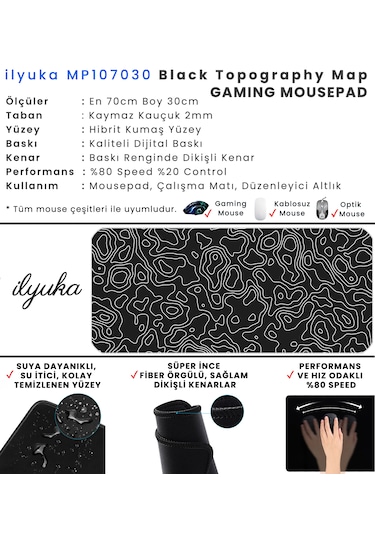 70x30cm Black Topography Map İlyuka Xl Gaming Oyuncu Mousepad