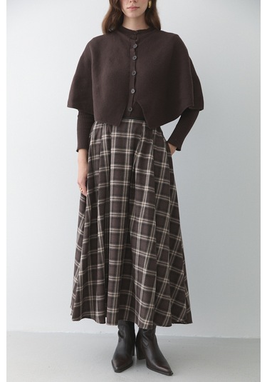 Kahverengi Deri Şeritli Ekoseli Etek - 4977 Kahverengi