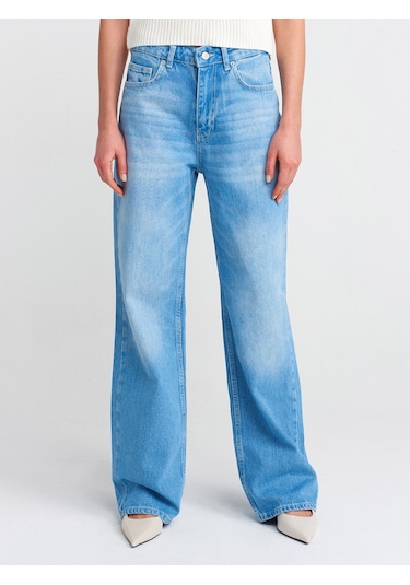 Dilvin 71775 Kalın Kumaş Geniş Straight Denim Pantolon Mavi