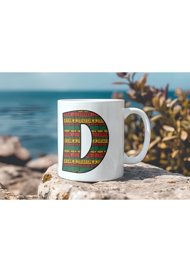 D Harfi Etnik Desenli Kupa - Afrika Tarzı Kahve Çay Kupası - Hediyelik - Black History Beyaz
