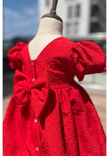 Krep Kabartma Desenli Kız Çocuk Bebek Kırmızı Elbise 001