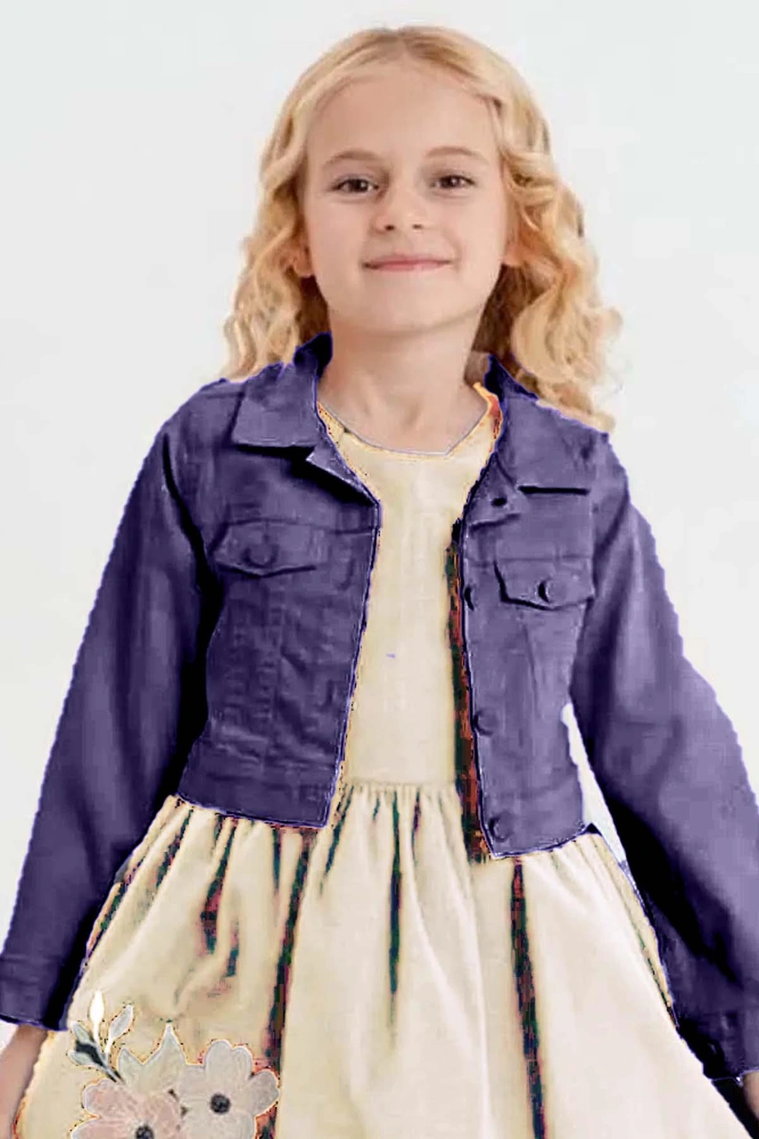 Riccotarz Kız Çocuk Üzerinde Jeans Ceket Ve Çiçek Dikiş İşlemeli Krem Elbise Krem