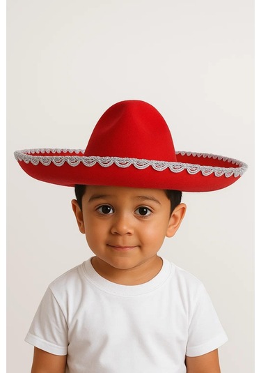 Meksika Mariachi Latin Şapkası Lüks 41cm Kırmızı Zemin Üstüne Gümüş Sim Kenarlıklı Parti Kostümü