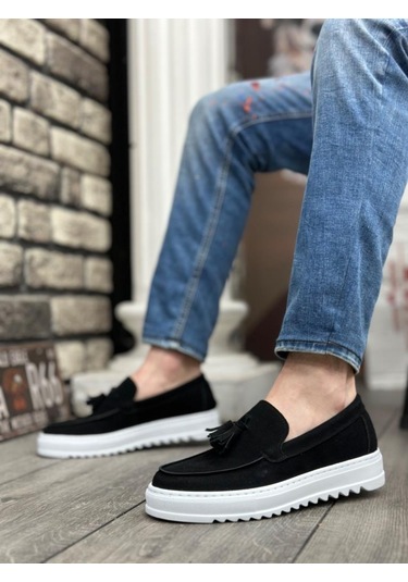 Ba0154 Bağcıksız Yüksek Taban Süet Siyah Renk Beyaz Taban Püsküllü Erkek Ayakkabı Çok Renkli