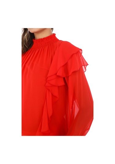 Omuz Fırfırlı Yaka Gipeli Şifon Bluz 6001-kırmızı