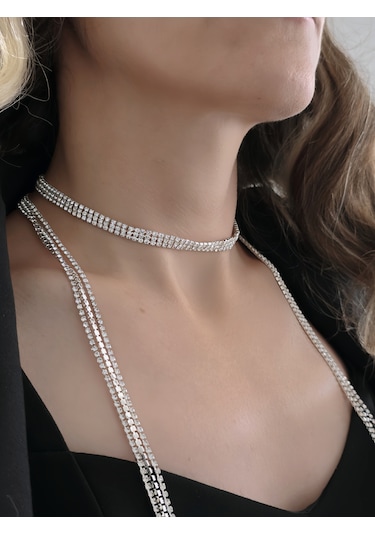 Gümüş Kaplama Üç Sıralı Su Yolu Şal Model Kolye Beyaz