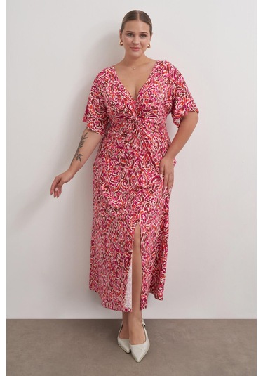 Önü Düğümlü Örme Elbise-1844 Pembe