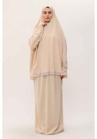 Bej İki Parça Namaz Elbisesi Pamuk Kumaş Dantelli 2205 12 Bej