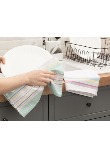 Madame Coco Jeanne 2'Li Yıkamalı Mutfak Havlu Seti - Beyaz/Mint Yeşili