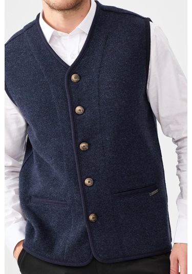 Erkek V Yaka Keçe Aksesuarlı Pike Dokuma Yün Yelek K.lacivert K.lacivert