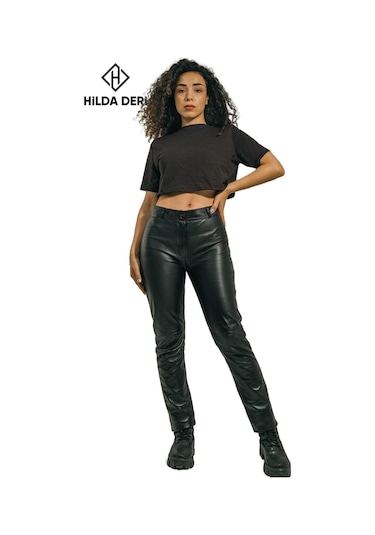 Hilda Deri Adel Siyah Hakiki Kuzu Derisi Cepsiz Pantolon 001