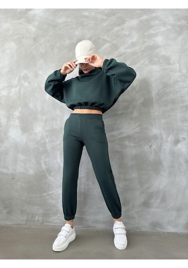 Kadın Pamuklu İçi Polarlı Basic Eşofman Takımı Yeşil