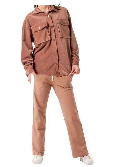 Kız Çocuk Kadife Kahverengi Renk Oduncu Gömlek Pantolonlu Oversize Kalıp İkili Takım Açık Kahverengi