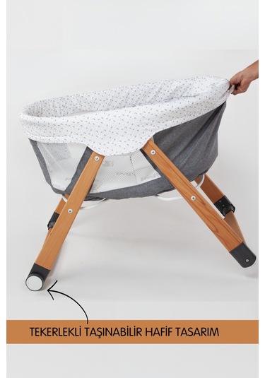 Kiwi Sleeper Anne Yanı Beşik, Portatif, Sallanır, Katlanır, Tekerlekli Bebek Beşiği - Luna Desen Gri
