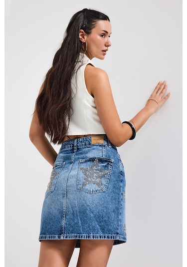Itsbasic Kadın Mavi T-4s6-4 Straight Mini Parlak Yıldız Taşlı Özel Tasarım Denim Etek
