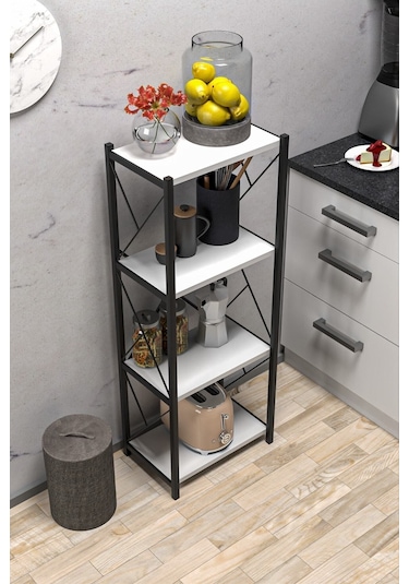 Morpanya Arnora Metal Tekli Mutfak Rafı Malzeme Dolabı 4 Raflı Mikrodalga Fırın Rafı Çok Amaçlı Beyaz