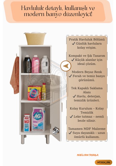 Tamamı Mdf Tek Kapaklı Havluluklu Banyo Dolabı Çok Amaçlı Dolap