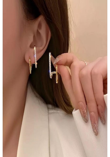 Kadın Çelik Küpe Zirkon Taş Vip Kararmaz Küpe Altın