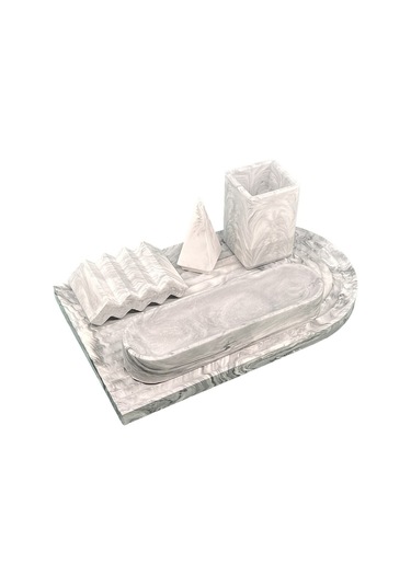 Betonmall 5 Parça Mermer Desenli Beton Banyo Seti Katı Sabunluk Diş Fırçalık Yüzüklük Sunum Tepsisi Siyah Beyaz Siyah - Beyaz