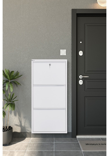 Arpelia Metal Ayakkabılık 3 Lü Kilitli Beyaz