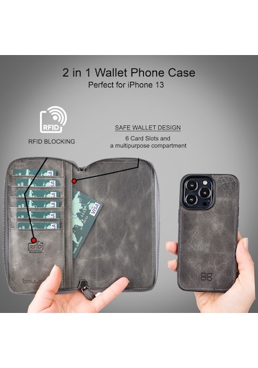 Bouletta Apple Iphone 13 Pro Max Uyumlu Deri Fermuarlı Cüzdan Kıl (544406790)