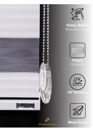 Br Demor Home Geniş Pliseli Beyaz Zebra Stor Güneşlik Perde Metal Kasa Beyaz