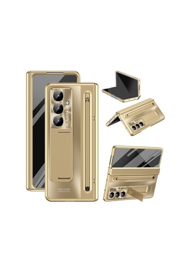Samsung Galaxy Uyumlu Z Fold7 5g Kılıf Destekli Menteşeli Pc Telefon Kılıfı, Temperli Cam Filmi Ve Kalem - Altın Altın