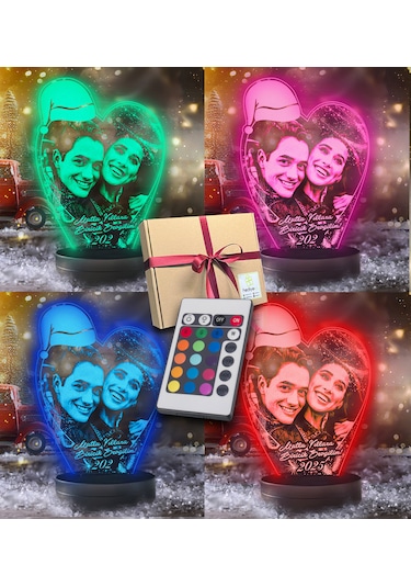 Yılbaşı Hediyesi Kişiye Özel Noel Baba Şapkalı Kalp 3d Led Gece L