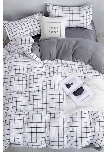 Kareli Beyaz Kolay Ütülenir Çift Kişilik Nevresim Takımı Baskılı