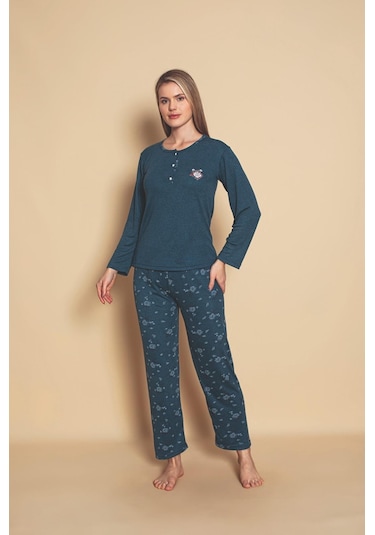 Yüksek Kalite Bambu İnterlok Kadın Pijama Takımı P5046 Petrol Mavisi