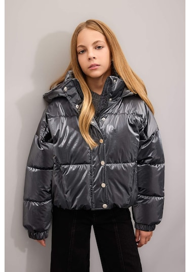 DeFacto Kız Çocuk Su İtici Kapüşonlu Fermuarlı Çıtçıt Kapamalı Mont C5765A824WNGR266 Gri