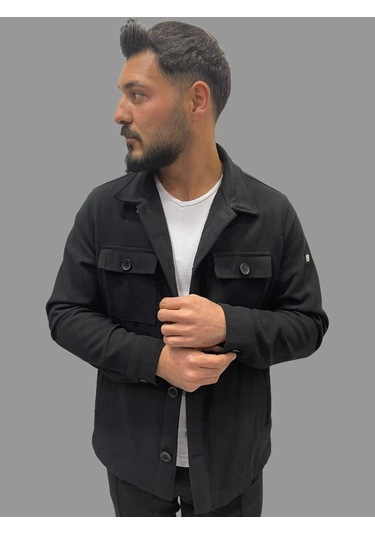 Erkek Cep Detaylı Kışlık Siyah Kaşe Gömlek Siyah